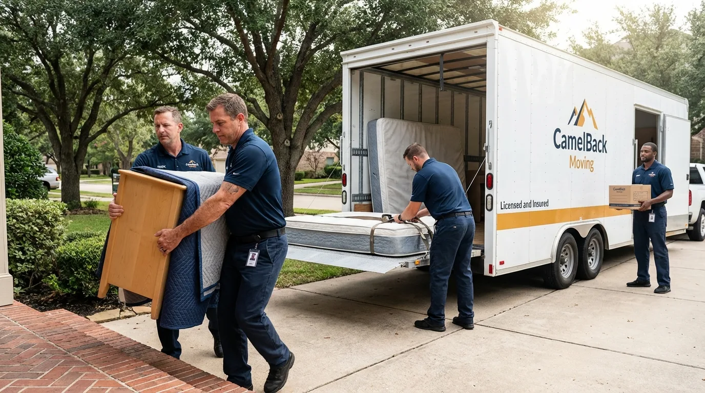 Crew loading residential truck for cross-state move from Earlimart, CA