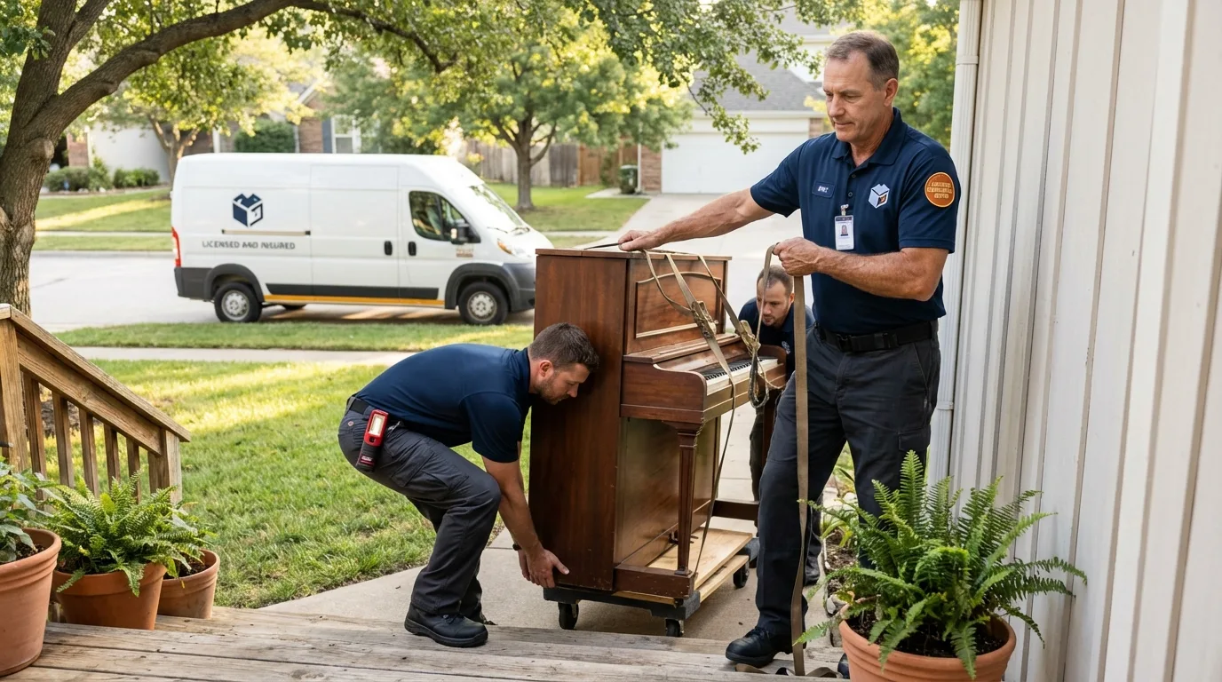 Licensed piano movers securing grand piano in Earlimart, CA