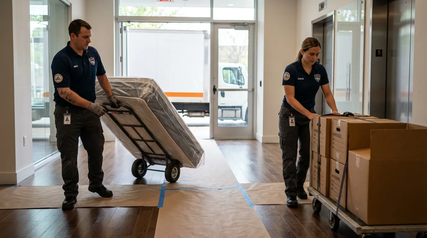 Professional apartment movers loading elevator in Earlimart, CA